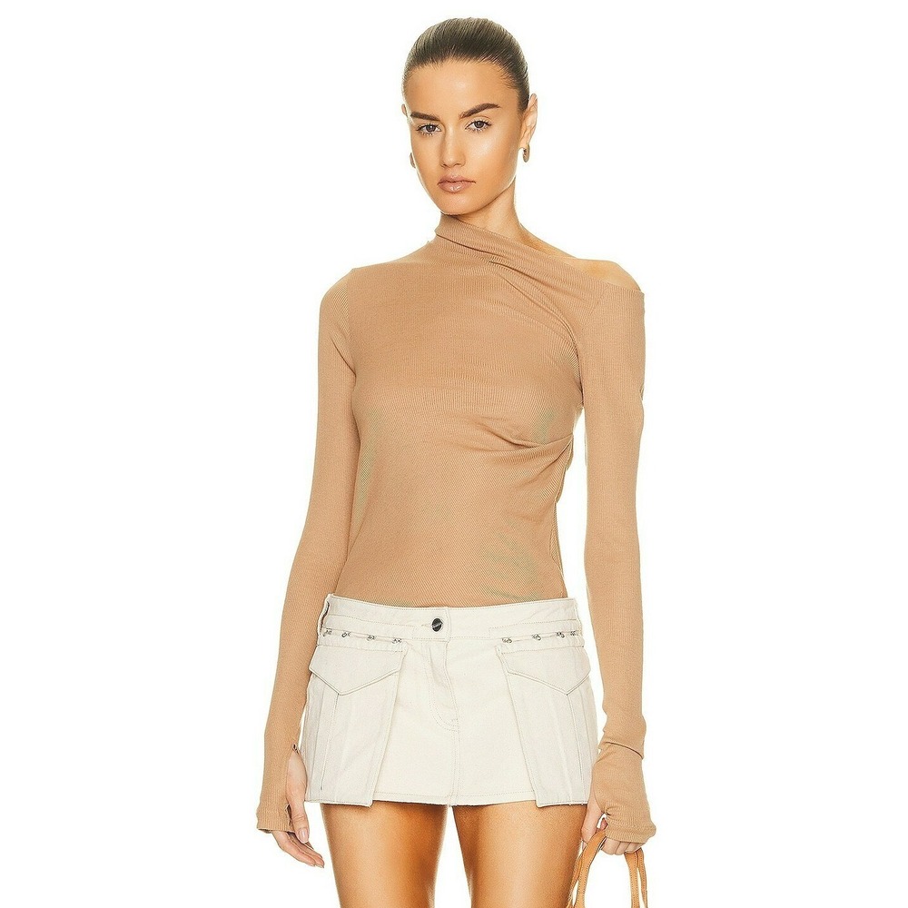 Helmut Lang Rib Asymmetric Top in a tan "Almond Butter" Ribbed Knit Long Sleeve